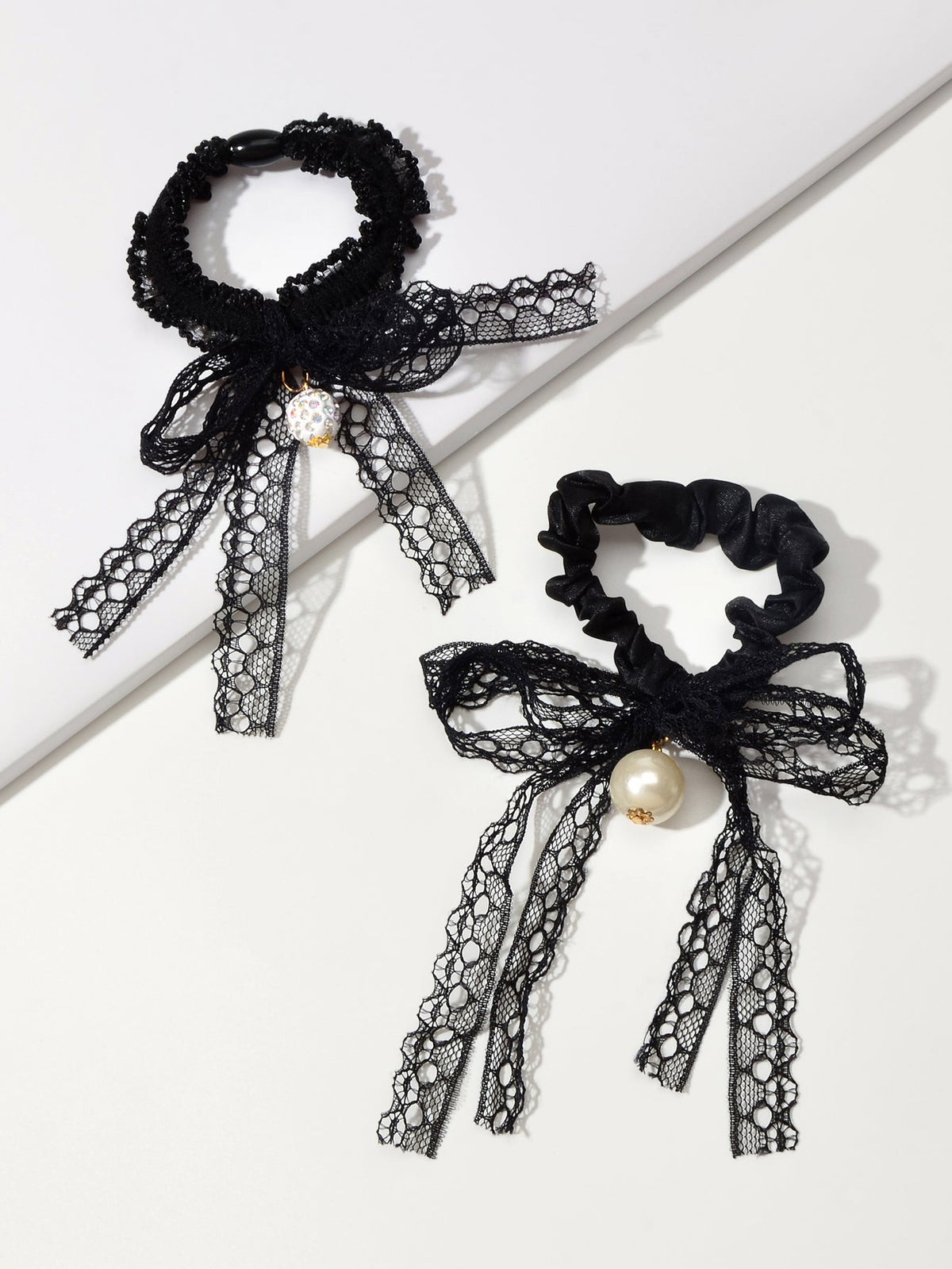 2pcs Black Lace Bead Elastic Bowknot Hair Ties Ropes Women Girl Hair Accessories-1