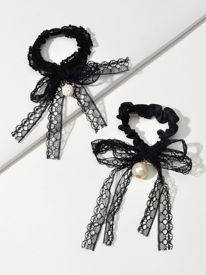 2pcs Black Lace Bead Elastic Bowknot Hair Ties Ropes Women Girl Hair Accessories-1