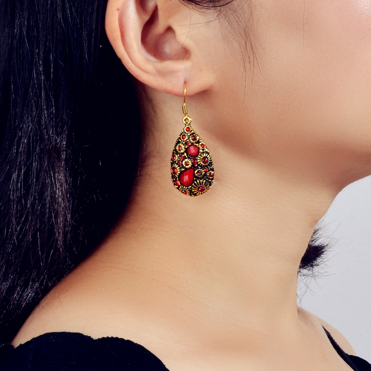 Retro Jewellery Textured Women Accessories Crystal Antique Water Drop Earrings-1