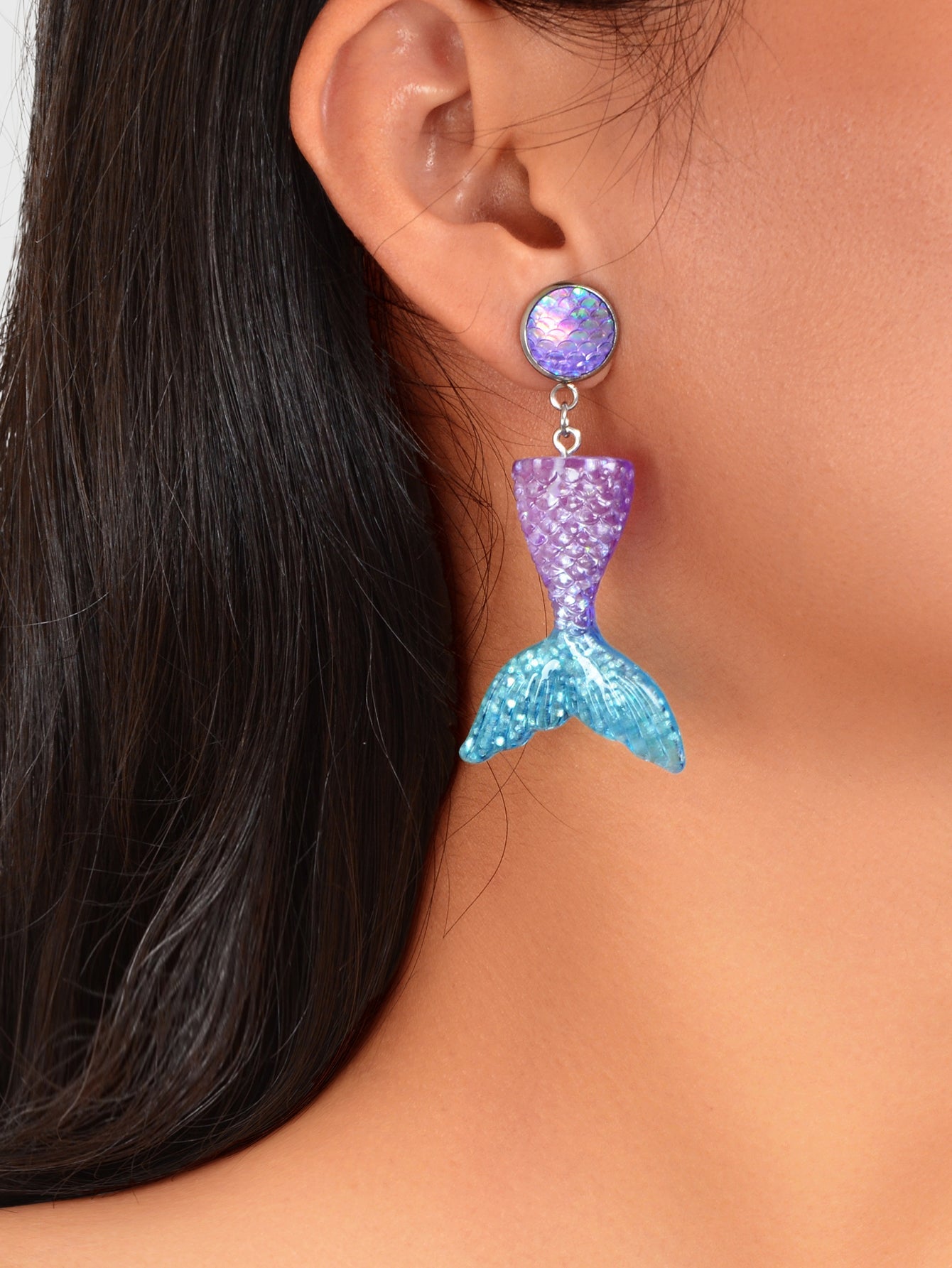 Sparkling Purple Blue Resin Mermaid Fish Tail Pendant Earrings for Women Holiday-1