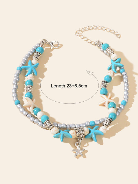 Blue Seed Beads Turquoise Layered Starfish Anklets Bohemian Foot Ankle Jewellery-1
