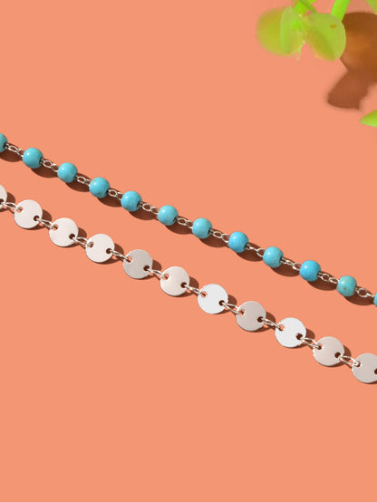 Ethnic Style Gold Silver Disc Chain Turquoise Beads Layered Anklet Foot Jewelry-2