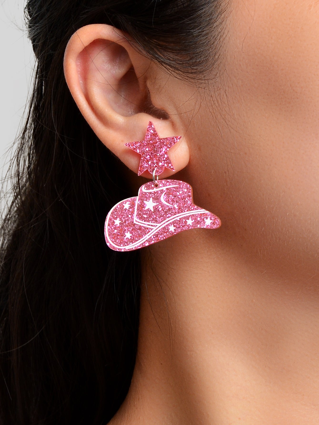 Sparkling Y2k Style Pink Acrylic Cowboy Hat Star Earrings Women Party Jewellery-1