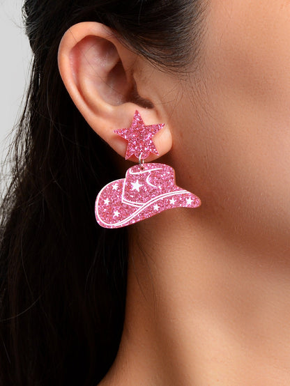 Sparkling Y2k Style Pink Acrylic Cowboy Hat Star Earrings Women Party Jewellery-1