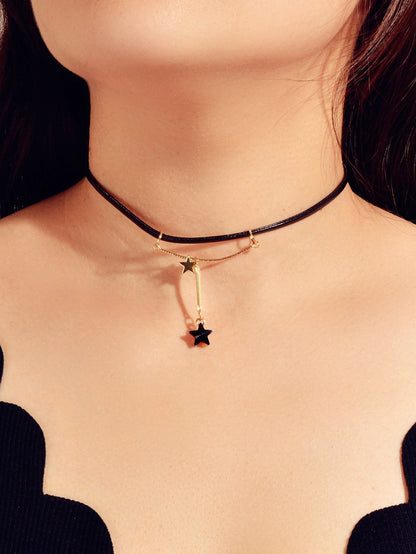 Gothic Punk 90s Black Pu Leather Star Charm Tattoo Choker Necklace Grunge Collar-1