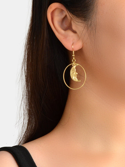 Gold Circle Moon Charm Dangle Earrings Minimalist Party Accessories Jewellery-1