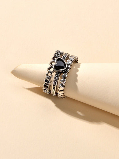 Vintage Antique Silver Black Enamel Love Heart Oxidized Intricate Stackable Ring-1