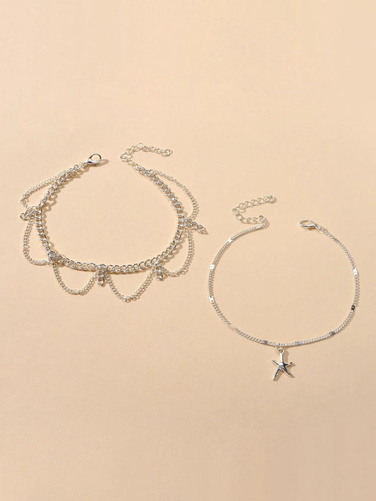 2pcs Fashion Foot Beach Jewellery Silver Chain Tassel Starfish Charm Anklet Gift-1