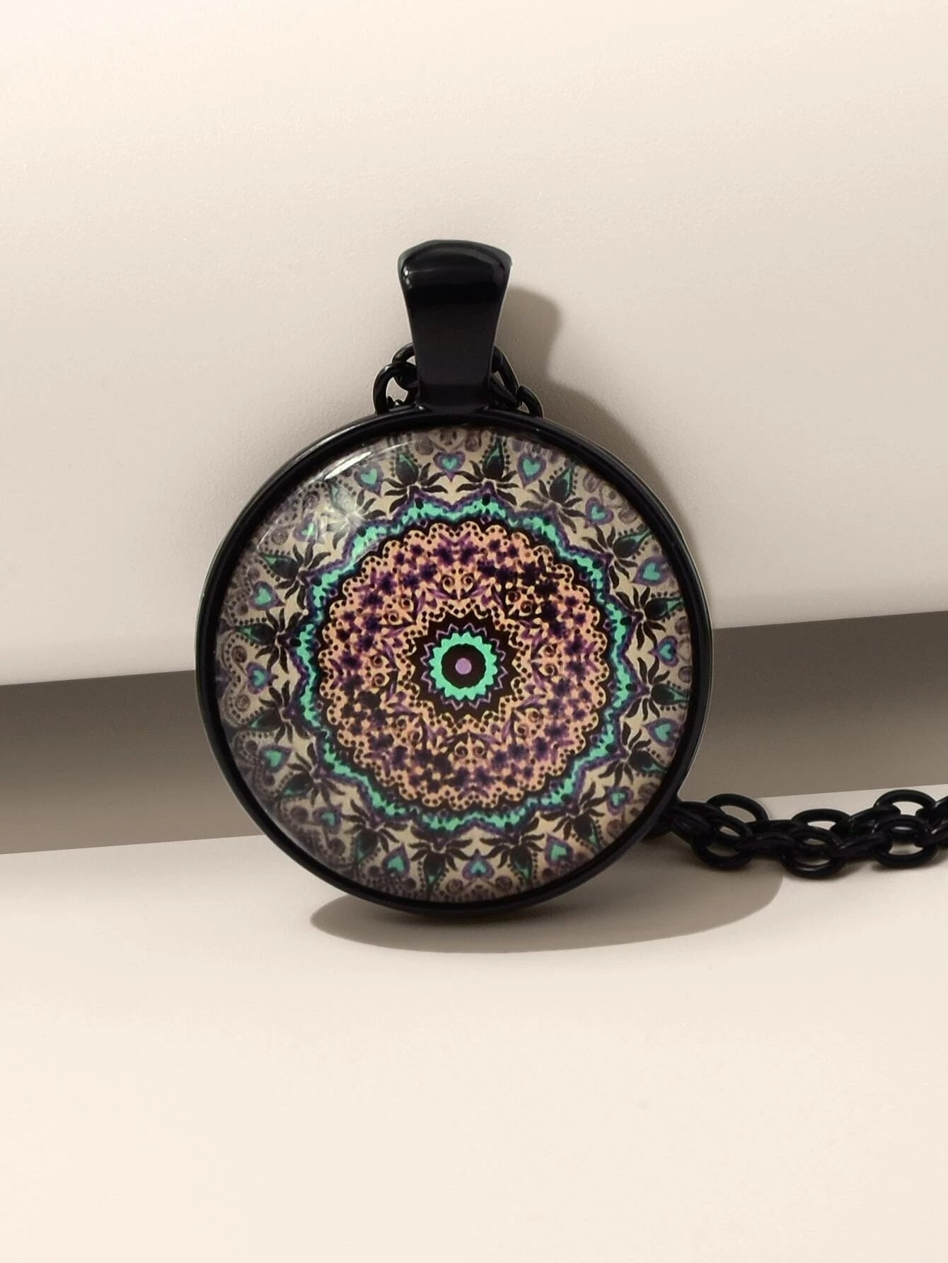 Retro Jewellery Ethnic Black Chain Geometric Mandala Round Pendant Boho Necklace-1