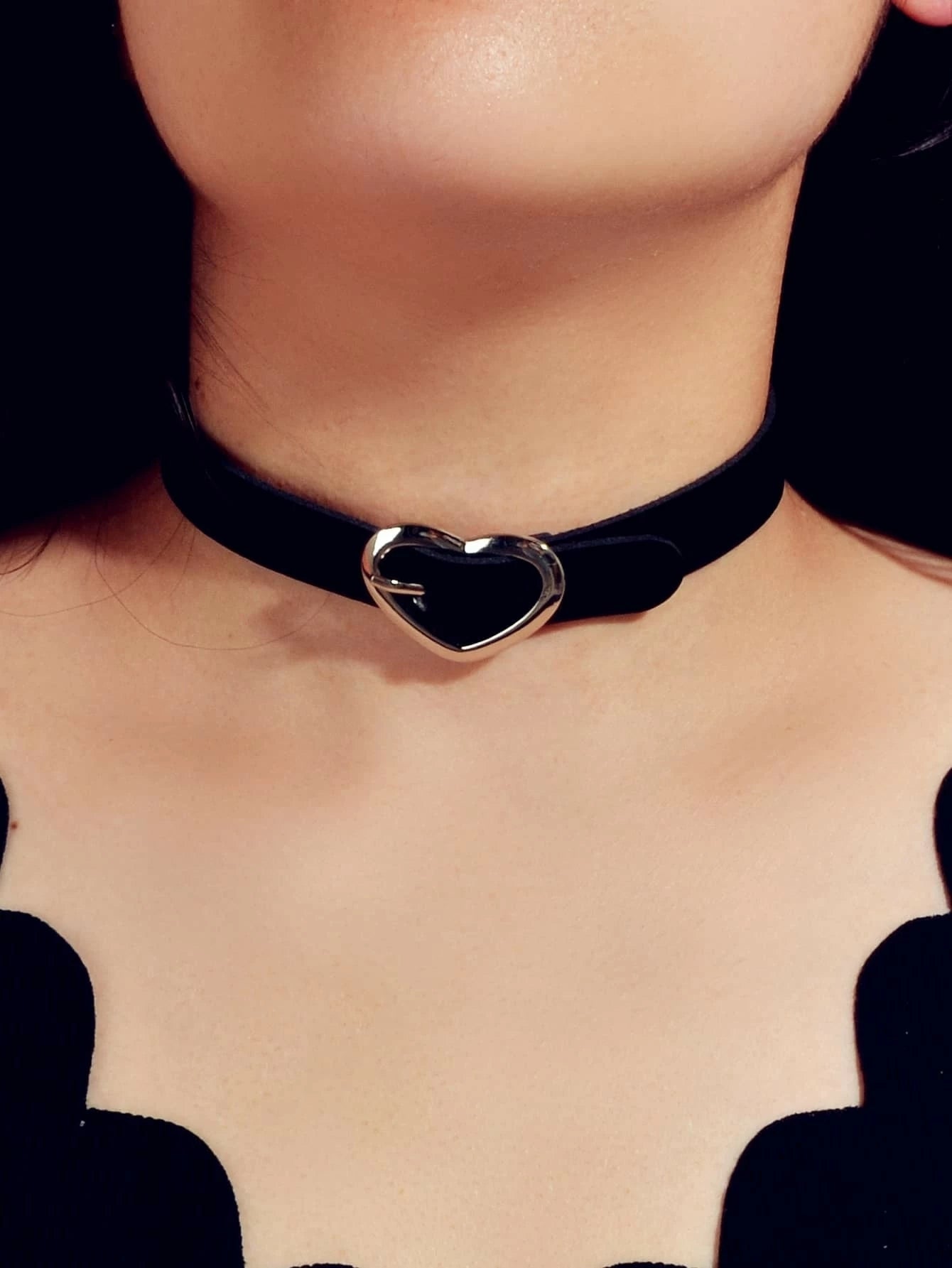 90s Heart Decor Black Leather Belt Design Tattoo Choker Necklace Grunge Collar-0