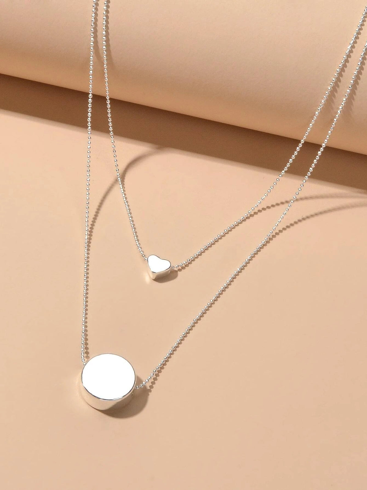 2 pcs Popular Jewellery Silver Chain Love Heart Round Charm Necklace Accessories-1