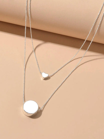 2 pcs Popular Jewellery Silver Chain Love Heart Round Charm Necklace Accessories-1