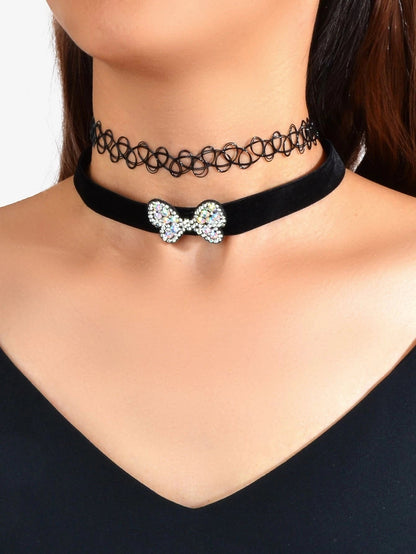 Black Elastic Rhinestone 3pcs Lace Flower Bow Velvet Boho Punk 90s Tattoo Choker-1