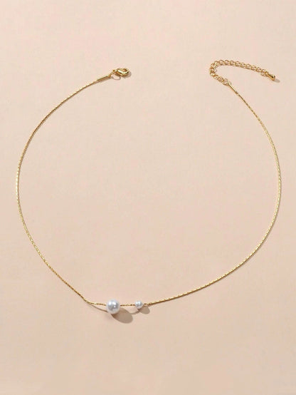 Fashion Pearl Decor Thin Gold Chain Necklace Bead Choker Collar Girl Teens Gift-1