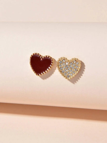 Full Rhinestone Red Enamel Heart Asymmetric Stud Gift Earrings For Women Teens-1