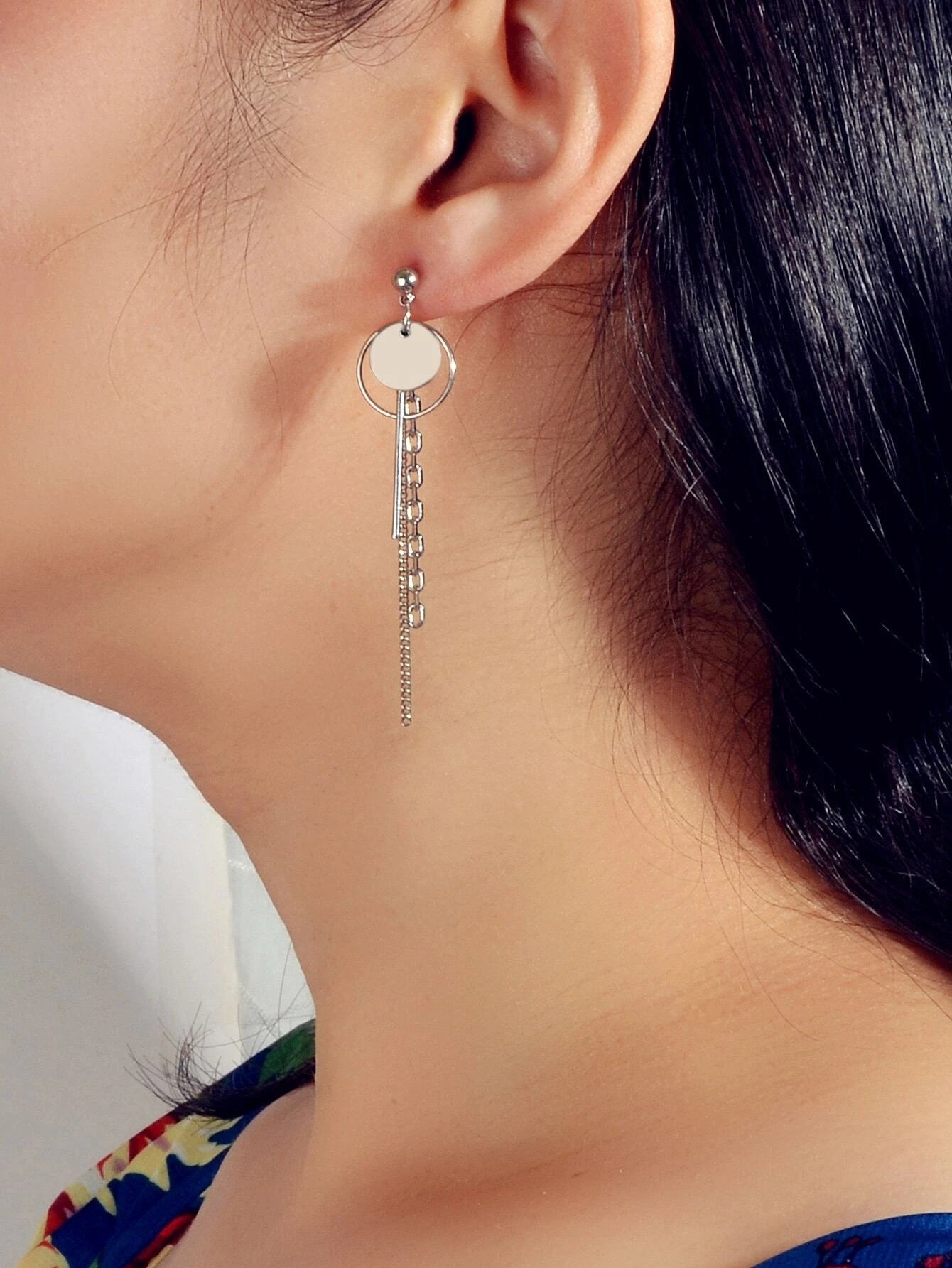 Punk Style Silver Chain Disc Bar Circle Drop Dangle Earrings Fashion Accessories-0
