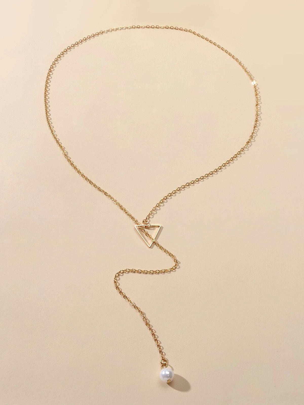 Minimalist Jewellery Pearl Long Gold Chain Triangle Y Lariat Pendant Necklace-1