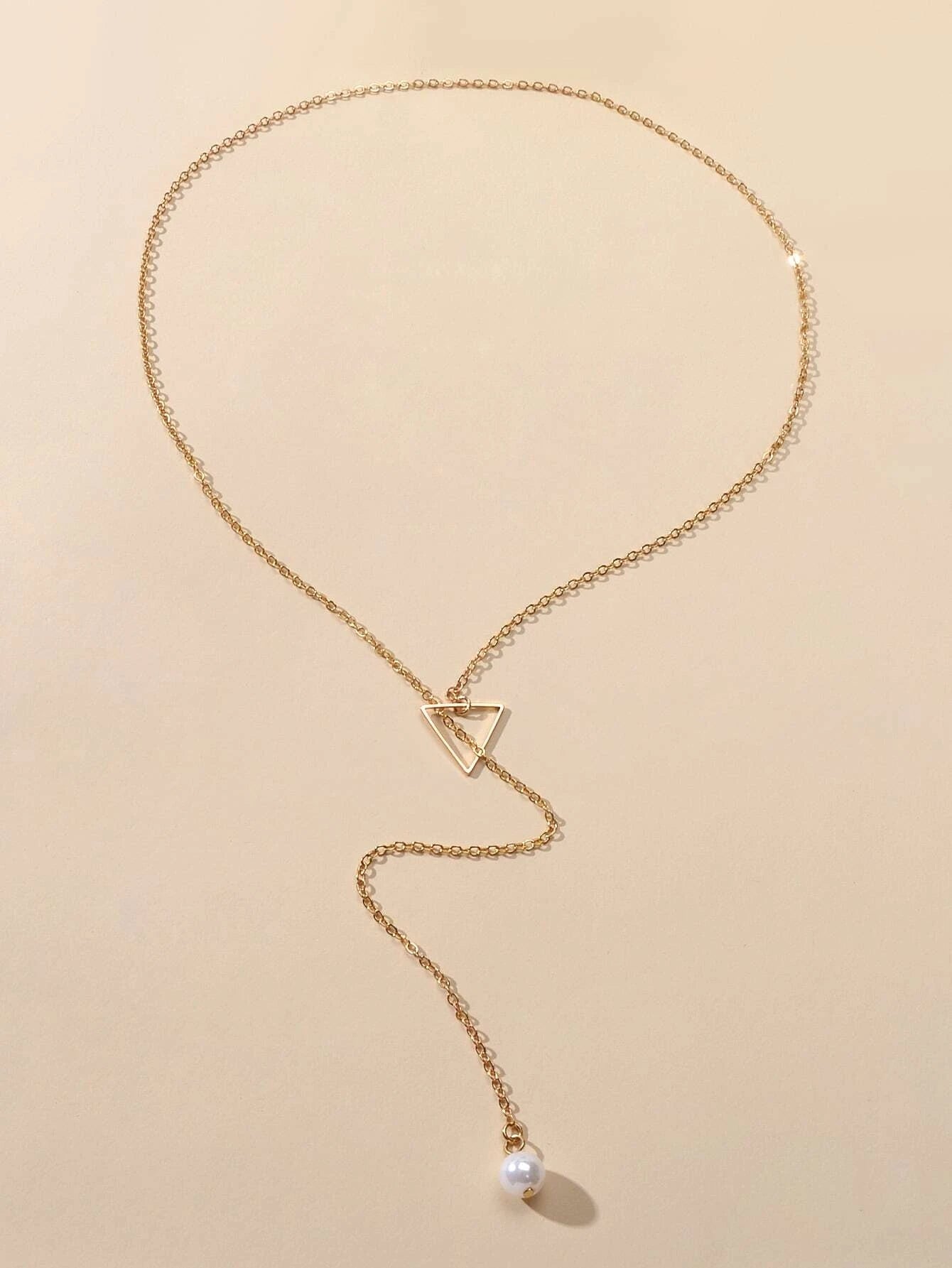 Minimalist Jewellery Pearl Long Gold Chain Triangle Y Lariat Pendant Necklace-1