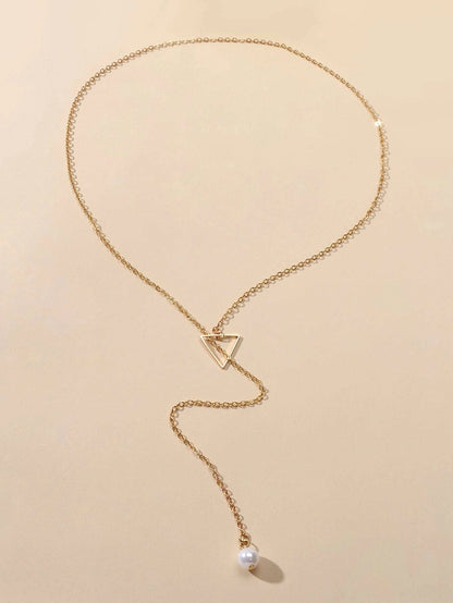 Minimalist Jewellery Pearl Long Gold Chain Triangle Y Lariat Pendant Necklace-1