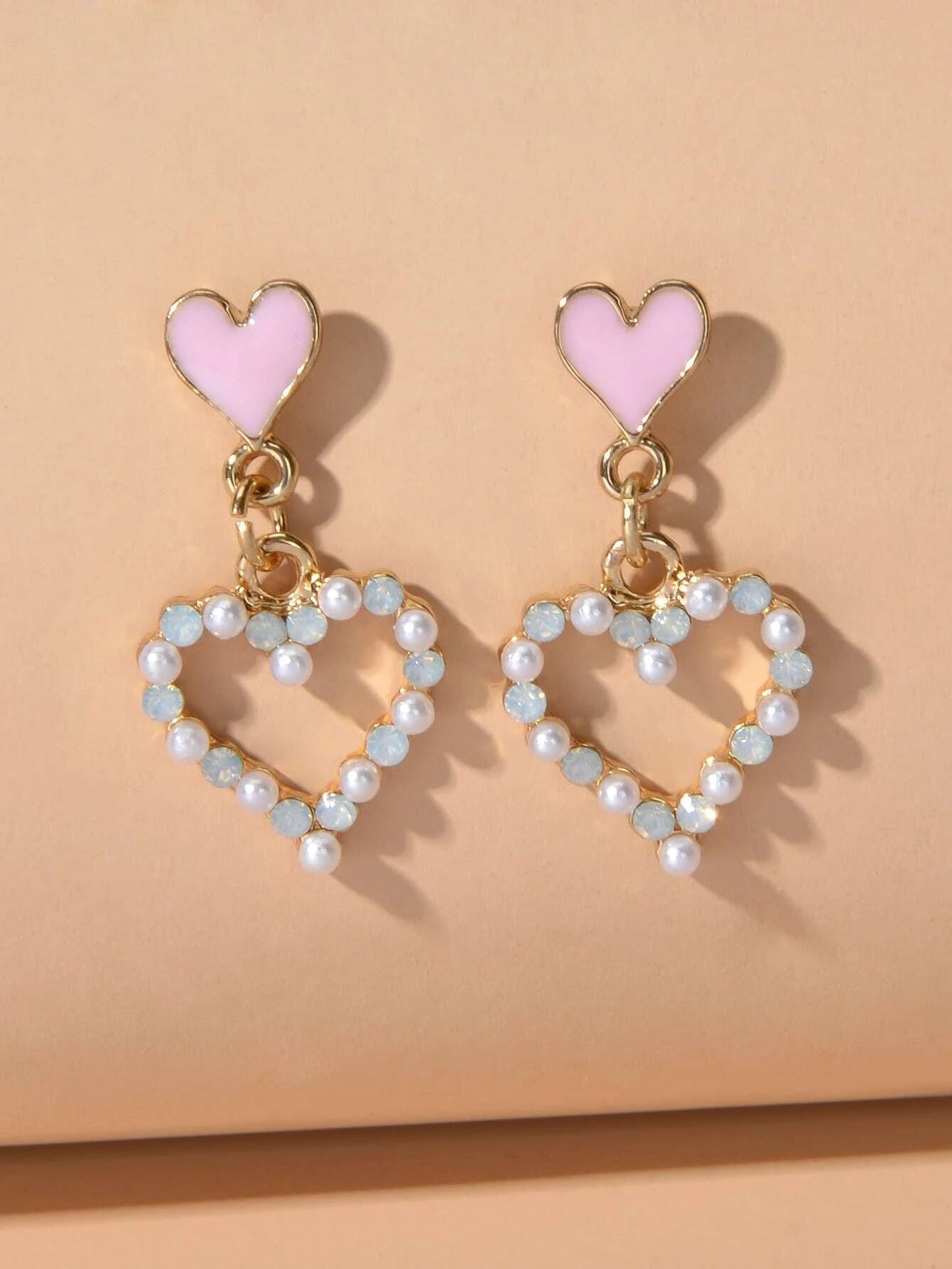 Personality Pink Enamel Pearl Heart Drop Earrings Dainty Gifts for Women Girls-1