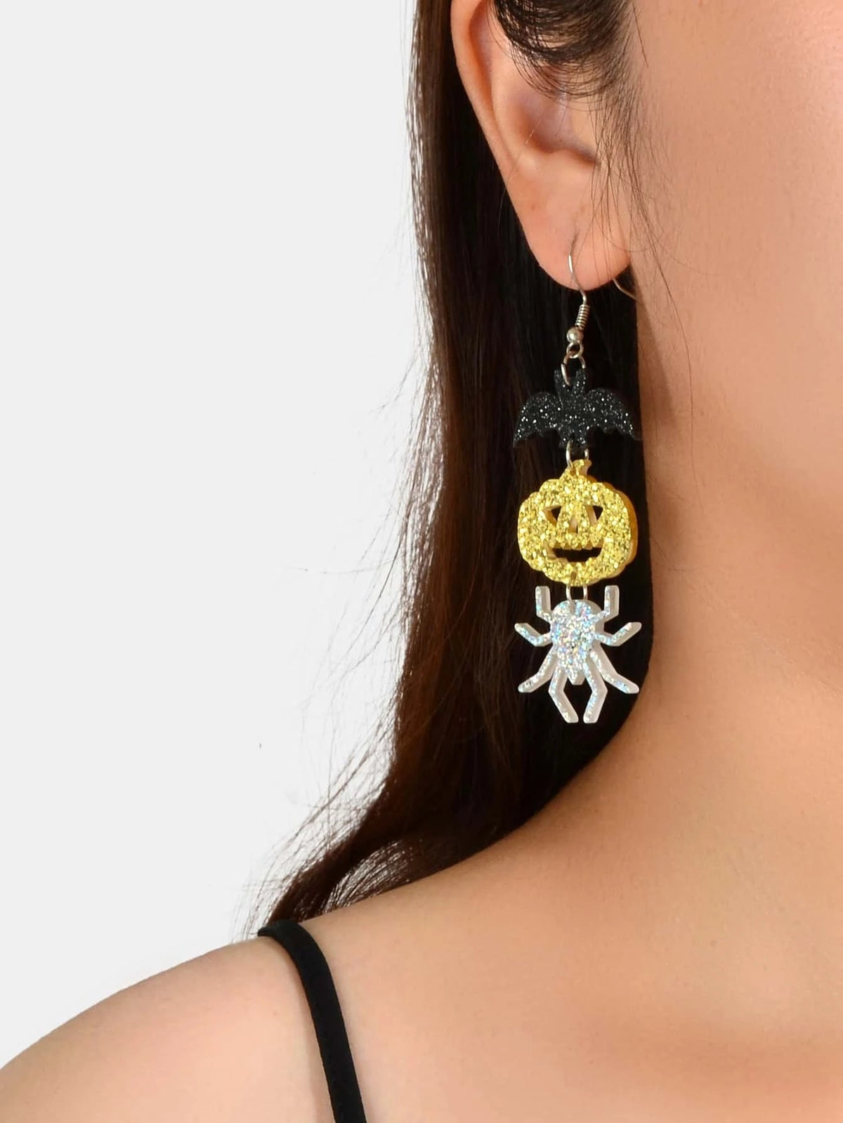 Halloween Gothic Acrylic Black Bat Spider Pumpkin Statement Drop Earrings Party-1
