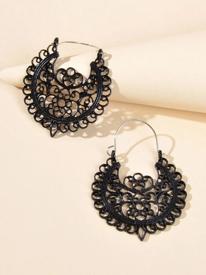 Traditional Black Hollow out Geometric Flower Hoop Earrings Designer Jewellery-1