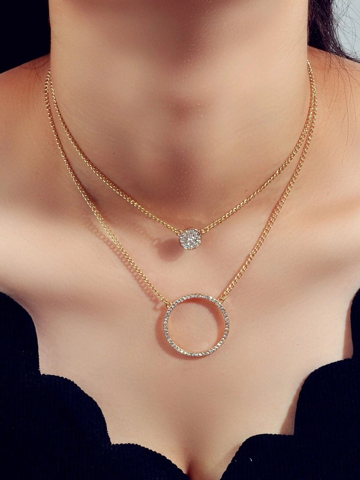 2 pcs Gold Silver Chain Rhinestone Round Circle Pendant Necklace Jewellery Gift-0