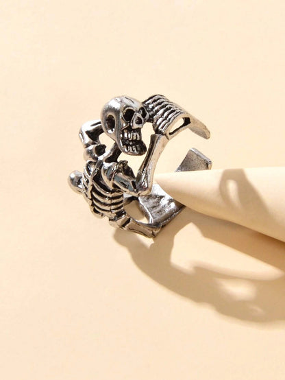 Punk Goth Hip Hop Antique Silver Skull Oxidized Vintage Statement Open Cuff Ring-0