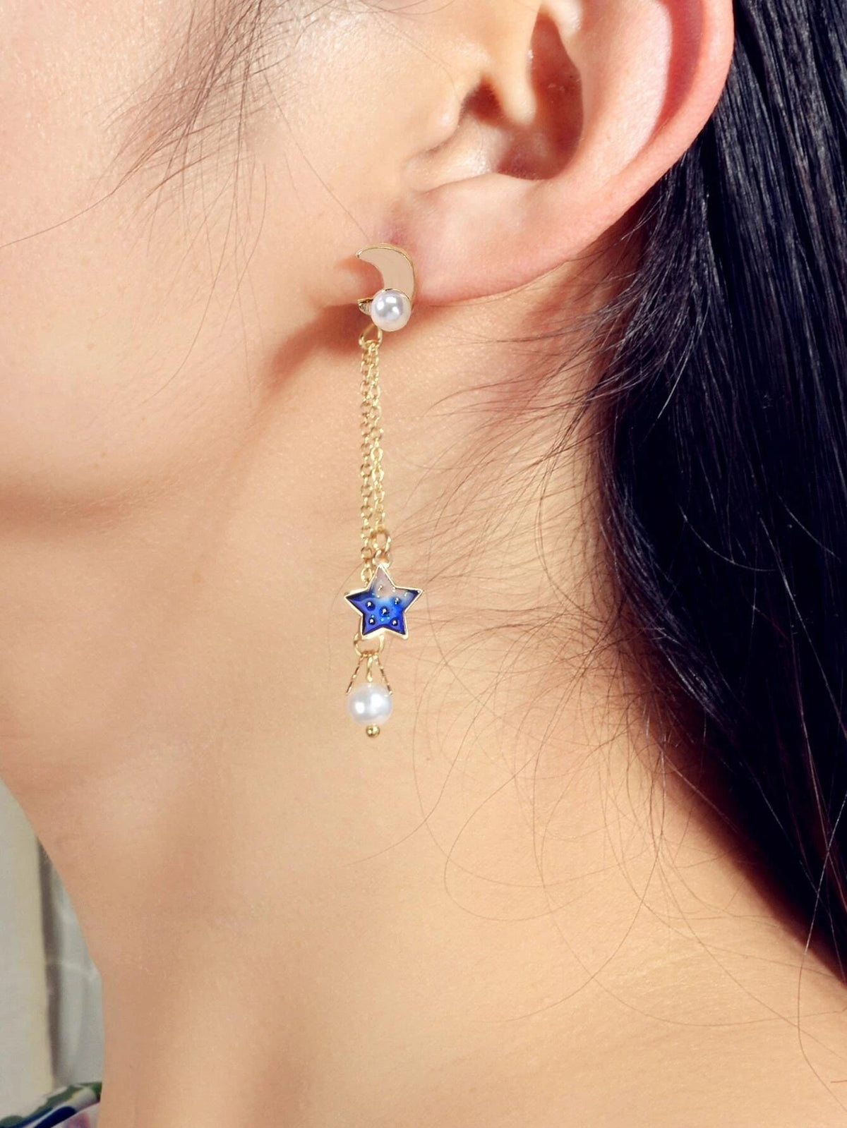 Asymmetric Pearl Star Planet Gold Chain Dangle Pierced Designer Jewelry Earrings-1