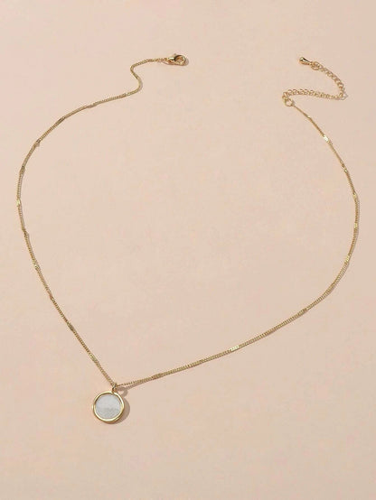 Textured Jewellery Gold Chain White Enamel Round Pendant Necklace Accessories-1