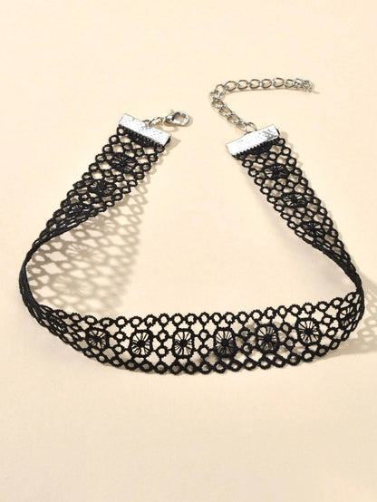 Black Hollow Out Lace Pattern Gothic 90s Tattoo Choker Punk Halloween Necklace-1