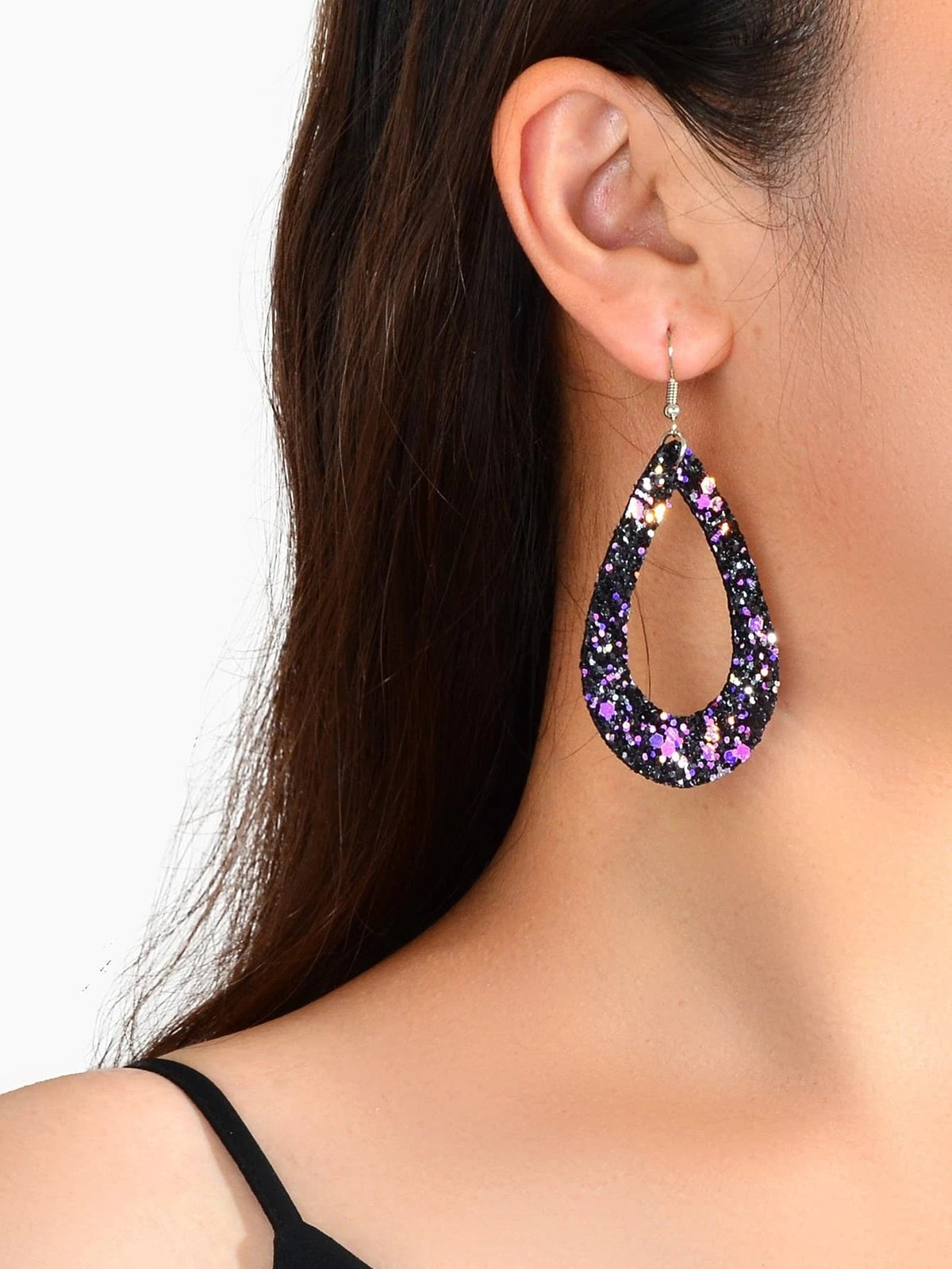 Boho Chic Gold Black Leather Shining Sequins Water Drop Big Dangle Earrings Gift-1
