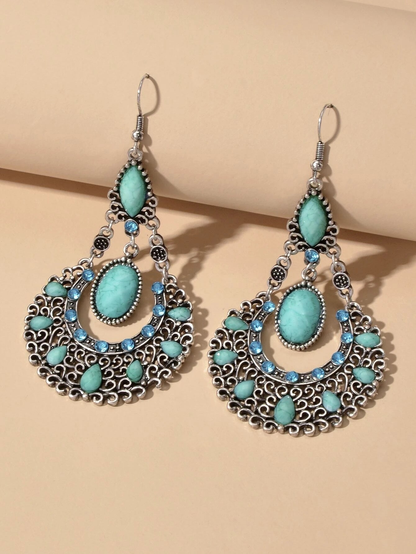 Bohemian Tribal Ethnic Antique Silver Rhinestone Hollow Water Drop Chic Earrings-2