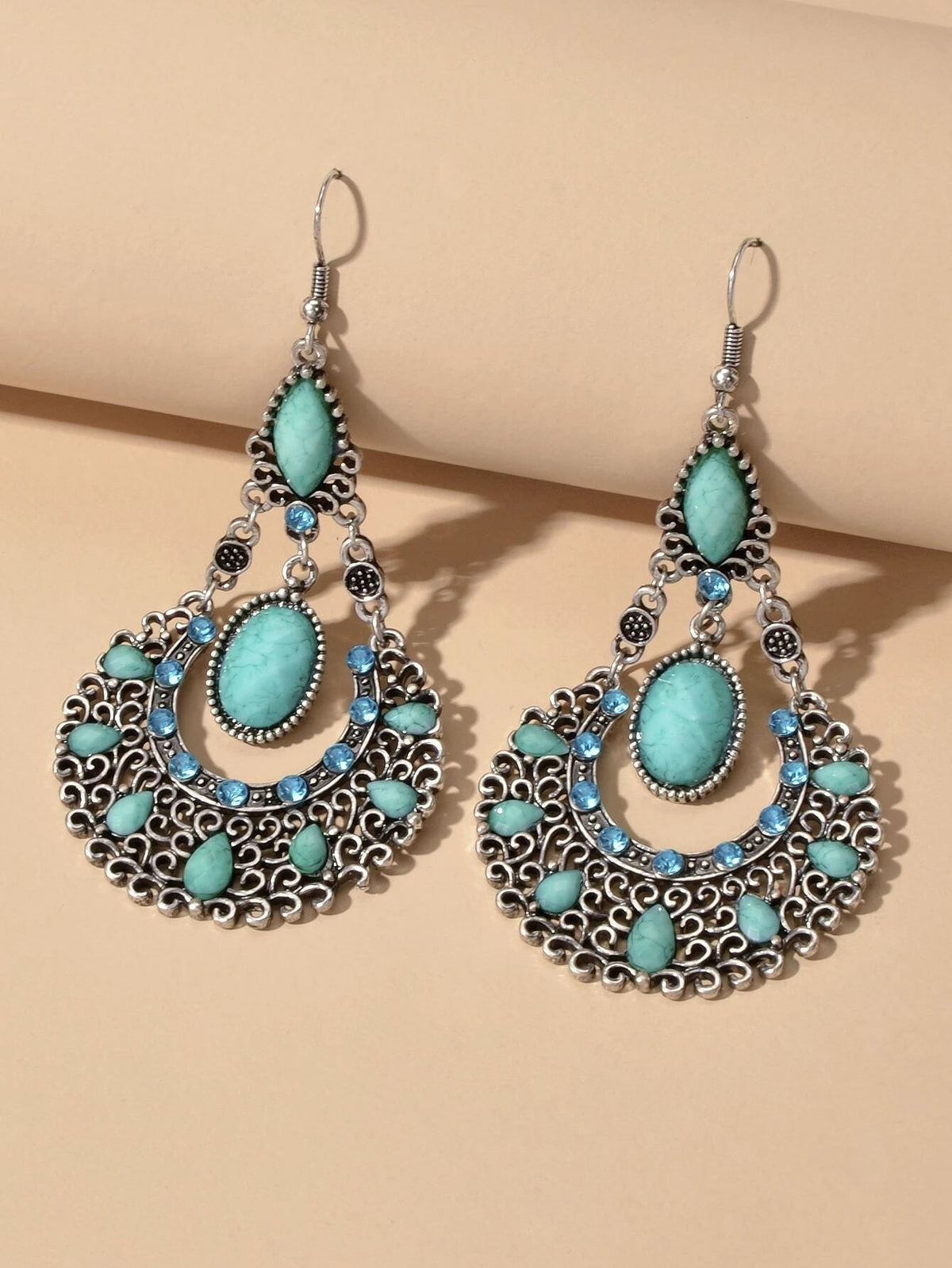 Bohemian Tribal Ethnic Antique Silver Rhinestone Hollow Water Drop Chic Earrings-2
