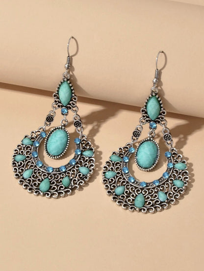 Bohemian Tribal Ethnic Antique Silver Rhinestone Hollow Water Drop Chic Earrings-2
