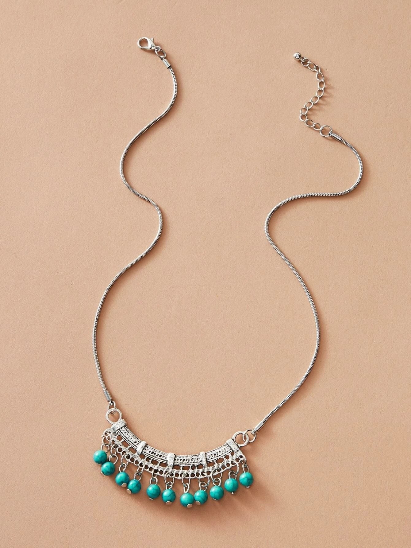 Tribal Ethnic Antique Silver Chain Turquoise Bead Bib Necklace Boho Blue Jewelry-1