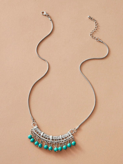 Tribal Ethnic Antique Silver Chain Turquoise Bead Bib Necklace Boho Blue Jewelry-1