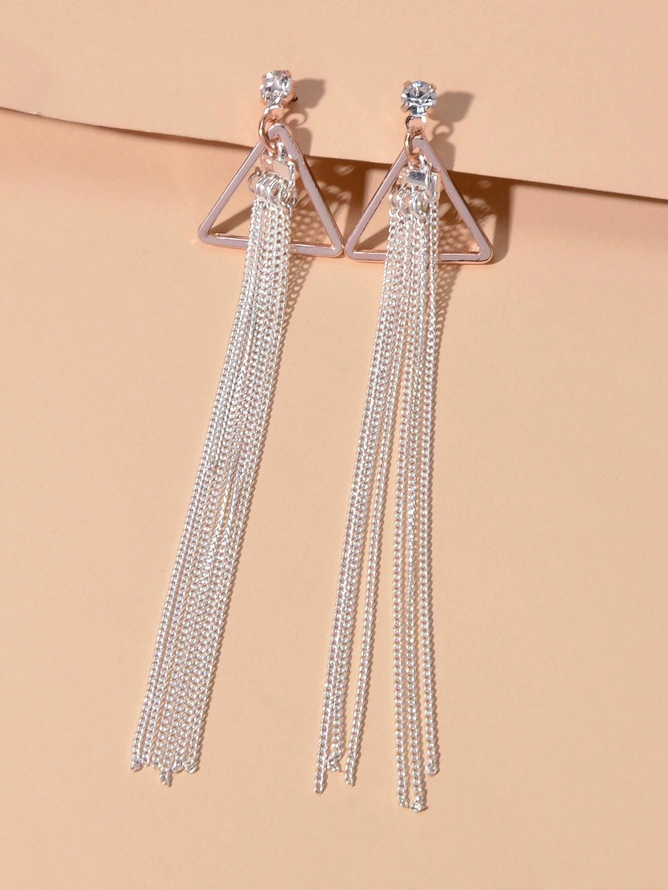 Rhinestone Triangle Silver Tassel Long Chain Drop Dangle Party Stud Earrings-1