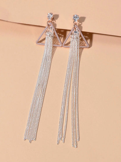 Rhinestone Triangle Silver Tassel Long Chain Drop Dangle Party Stud Earrings-1