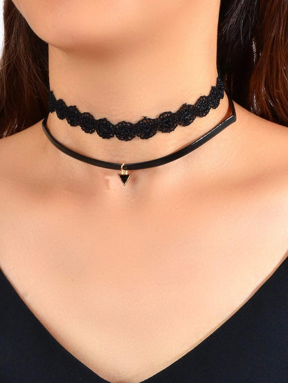4 pcs Black Lace Pu Leather Geometric Gothic 90s Tattoo Velvet Choker Necklace-2