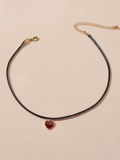 Fashion Jewellery Black Pu Leather Chain Red Heart Charm Women Choker Necklace-1