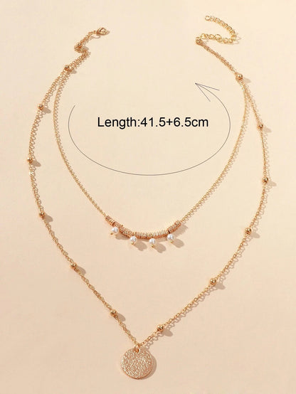 Women Pearl Decoration Gold Double layer Chain Round Pendant Necklace Accessory-1