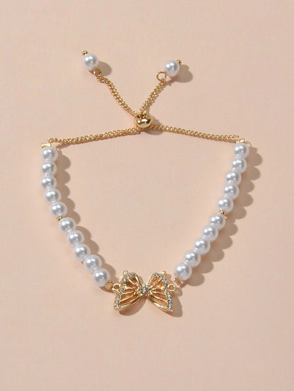 Fashion Jewellery Rhinestone Butterfly Charm Pearl Sliding Adjustable Bracelet-1