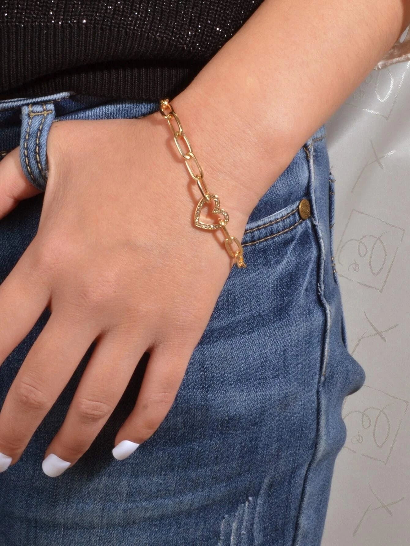AU Local Rhinestone Love Heart Charm Chunky Gold Chain Bracelet Girl Accessories-1