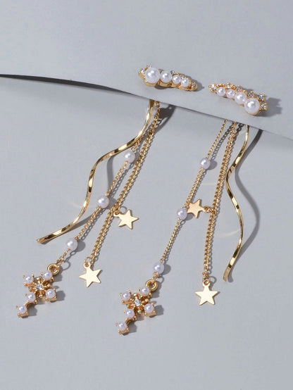 Rhinestone Pearl Gold Star Cross Charm Earrings Ear Jacket Tassel Stud Teen Gift-2