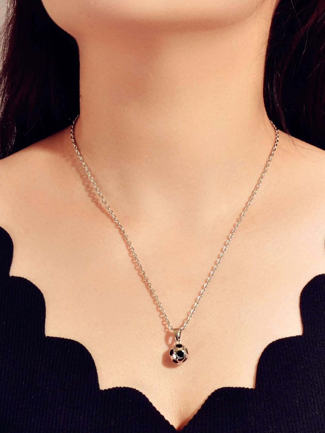 Silver Chain Black Enamel Football Pendant Necklace Soccer Ball Charm Collar-0