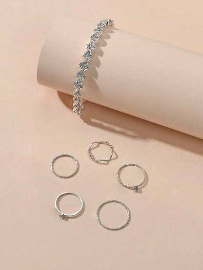 1pc Rhinestone Tennis Bracelet 5pcs Silver Midi Finger Knuckle Rings Set Jewelry-1