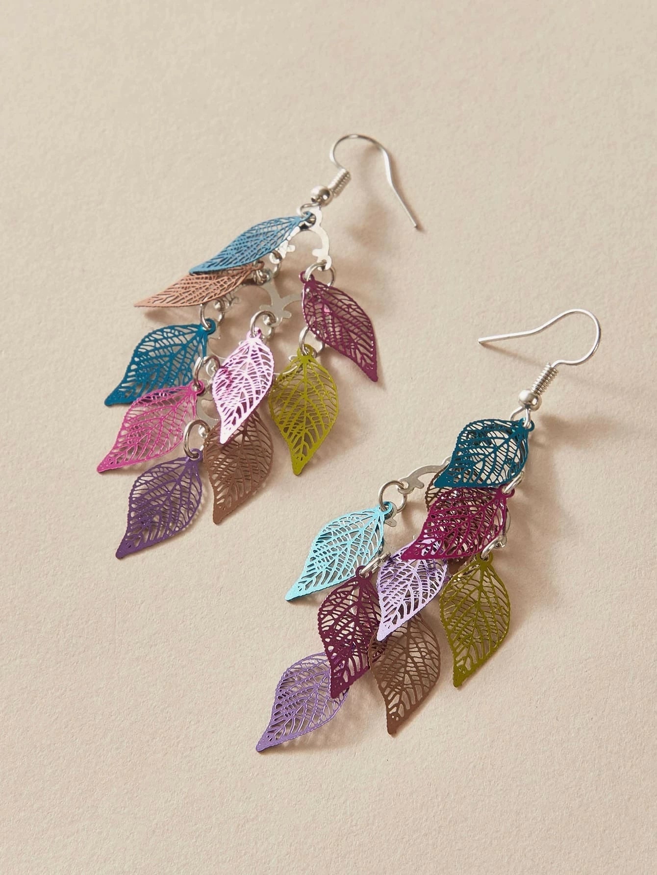 AU Local Bohemian Colorful Hollow Layered Leaf Stacks Hook Drop Dangle Earrings-2