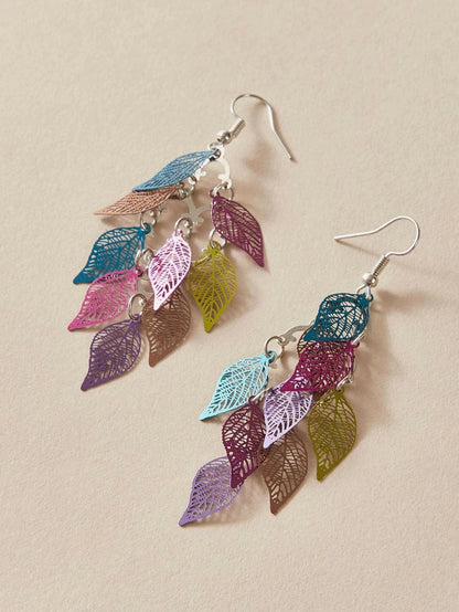 AU Local Bohemian Colorful Hollow Layered Leaf Stacks Hook Drop Dangle Earrings-2