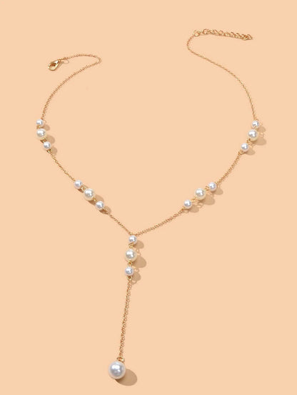 Pearl Decoration Long Gold Chain Y Shape Pendant Clavicle Necklace Teens Collar-1